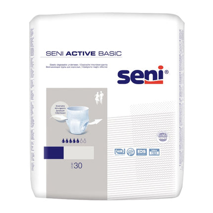 Seni Active Basic Inkontinenzslip für leichte bis mittlere Inkontinenz, elastische Einwegunterwäsche für Erwachsene.