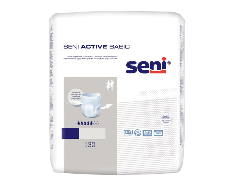 Seni Active Basic Inkontinenzslip für leichte bis mittlere Inkontinenz, elastische Einwegunterwäsche für Erwachsene.