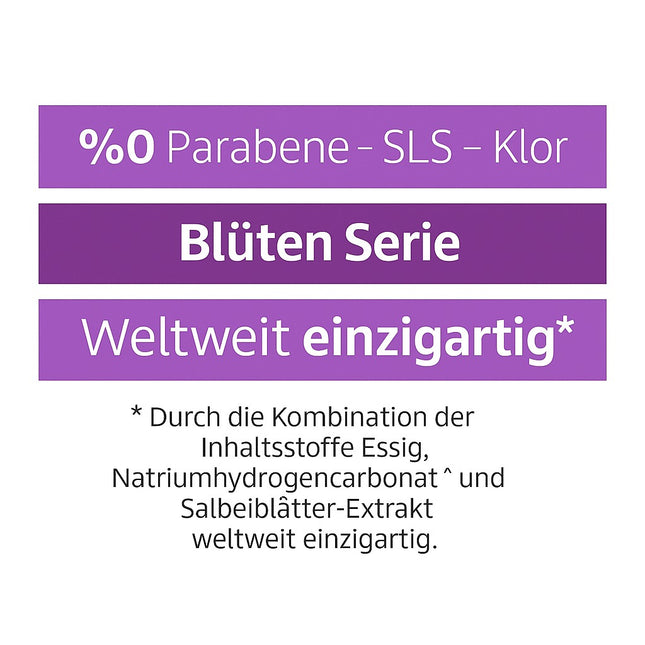 Sleepy Blüten-Serie Orchideen-Garten – ohne Parabene, SLS und Chlor. Mit Essig, Natriumhydrogencarbonat und Salbeiextrakt – weltweit einzigartige Formel.

