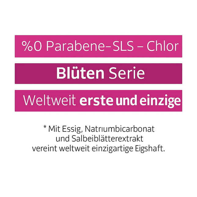 Sleepy Blüten Serie in Pink – ohne Parabene, SLS und Chlor. Einzigartige Formel mit Essig, Natriumbicarbonat und Salbeiextrakt. Weltweit erste ihrer Art.
