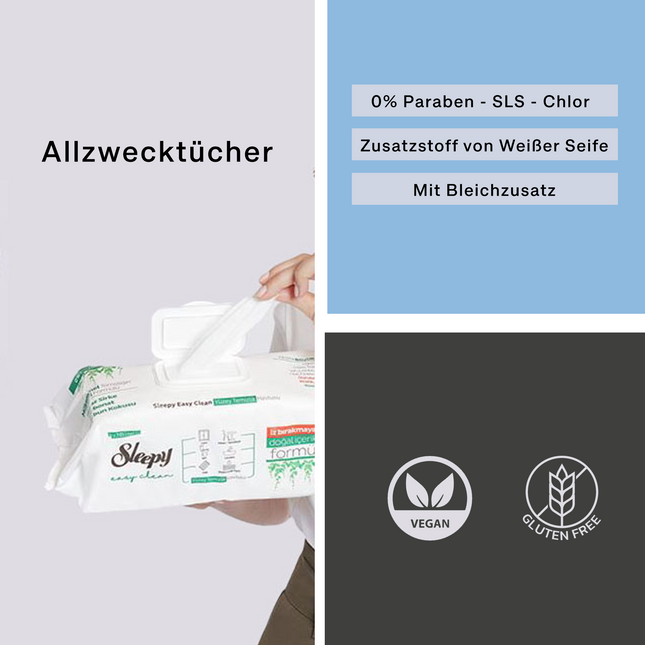 Sleepy Easy Clean Allzwecktücher in der Aufreißpackung mit Bleichzusatz – vegan und glutenfrei


