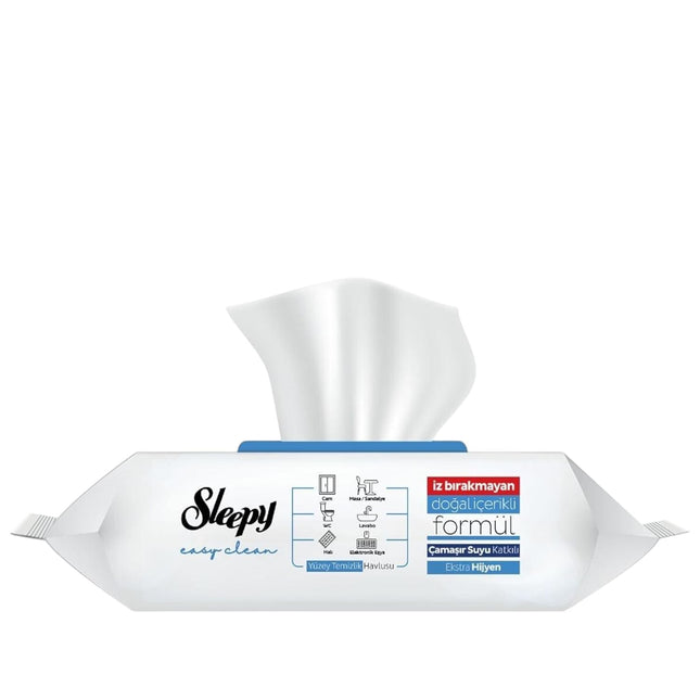 Geöffnete Sleepy Easy Clean Allzwecktücher in Blau mit herausgezogenem Reinigungstuch, 100 Stück pro Packung