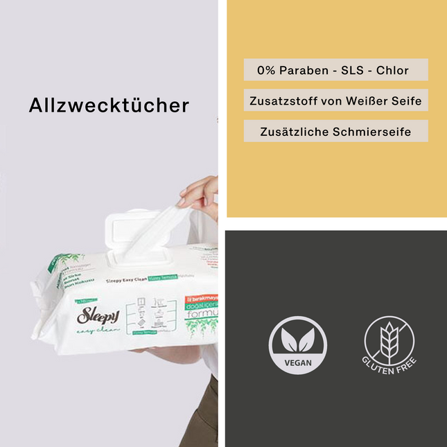 Geöffnete Packung Sleepy Easy Clean Allzwecktücher mit Vegan- und Glutenfrei-Siegeln

