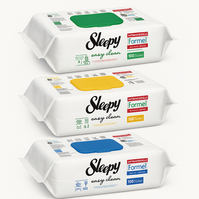 Drei Packungen Sleepy Easy Clean antibakterielle Feuchttücher in den Farben Grün, Gelb und Blau mit jeweils 100 Tüchern und Anti-Bakterien-Formel