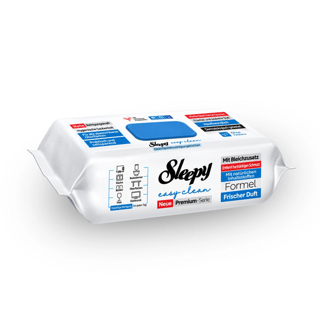 Sleepy Easy Clean Reinigungstücher Blau – Bleichzusatz, Packung Vorderseite, 100 Tücher