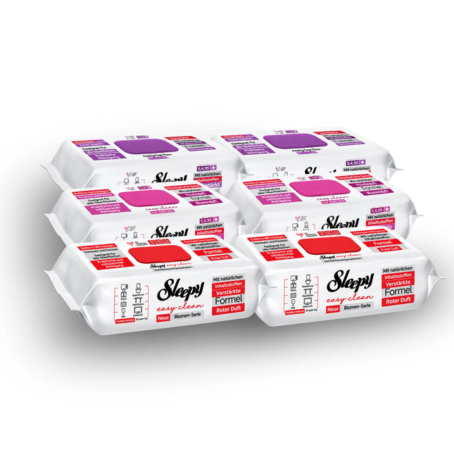 Sleepy Easy Clean Bundle Blüten – 6er Set Reinigungstücher: 2× Rot Kirschblüte, 2× Lila Orchideengarten, 2× Pink Lilienbouquet, 6 × 100 Tücher