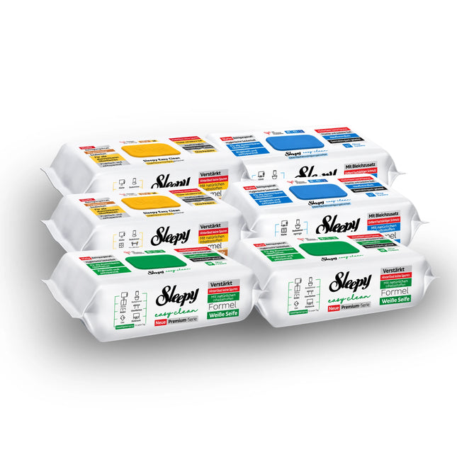 Sleepy Easy Clean Bundle Klassiker – 6er Set Reinigungstücher: 2× Grün Weiße Seife, 2× Blau Bleichzusatz, 2× Gelb Schmierseife, 6 × 100 Tücher