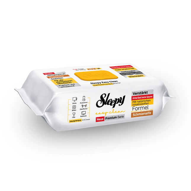Sleepy Easy Clean Reinigungstücher Gelb – Schmierseife, Packung Vorderseite, 100 Tücher