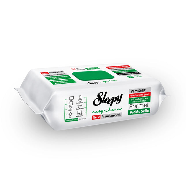 Sleepy Easy Clean Reinigungstücher Grün – Weiße Seife, Packung Vorderseite, 100 Tücher