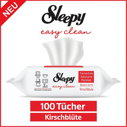 Sleepy easy clean Reinigungstücher Kirschblüte – rote Variante mit 100 Tüchern. Rückstandsfreie Formel aus der Blüten Serie für hygienische Sauberkeit.