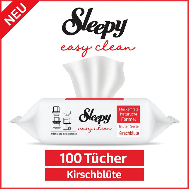 Sleepy easy clean Reinigungstücher Kirschblüte – rote Variante mit 100 Tüchern. Rückstandsfreie Formel aus der Blüten Serie für hygienische Sauberkeit.