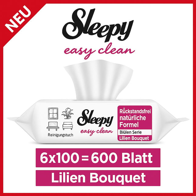 Sleepy easy clean Reinigungstücher Lilien Bouquet – 600 Blatt im 6er-Pack. Rückstandsfreie natürliche Formel aus der Blüten Serie für hygienische Sauberkeit.