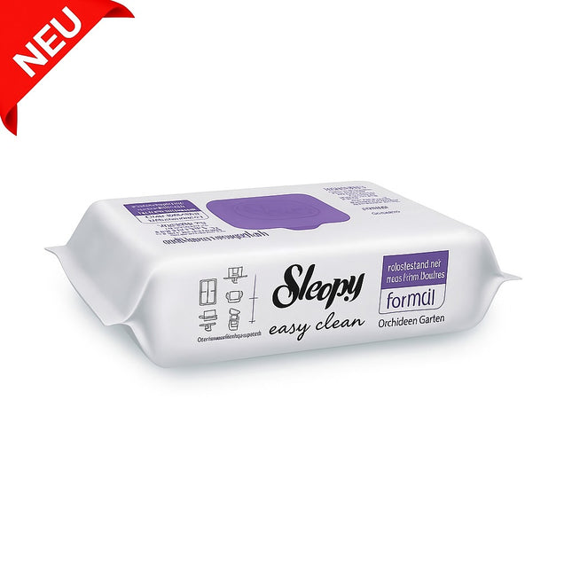 Sleepy easy clean Reinigungstücher Orchideengarten – 100 Tücher mit frischem Duft, natürlicher Formel und lila Klappdeckel.

