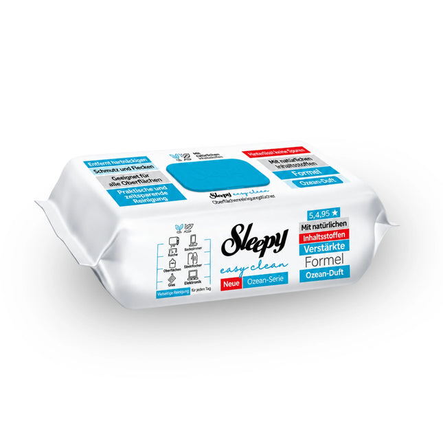 Sleepy Easy Clean Reinigungstücher Türkis – Ozean, Packung Vorderseite, 100 Tücher