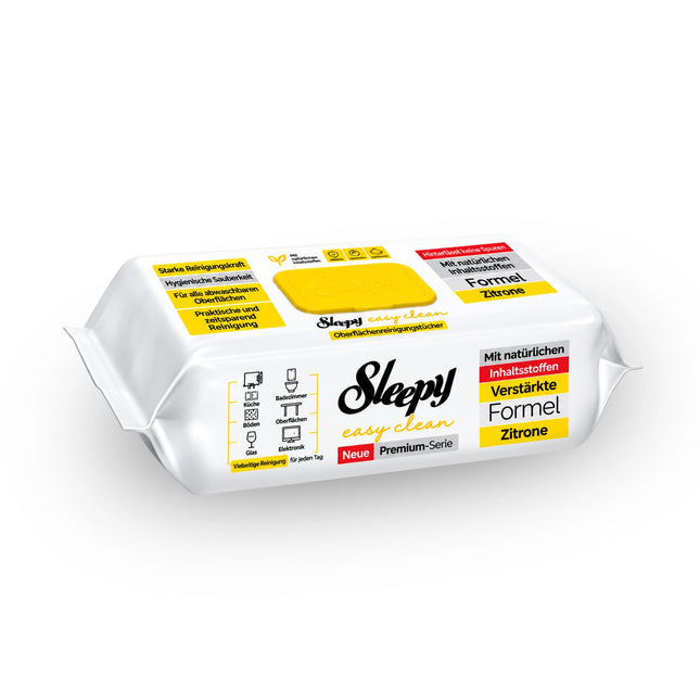 Sleepy Easy Clean Reinigungstücher Zitronengelb – Zitrone, Packung Vorderseite, 100 Tücher