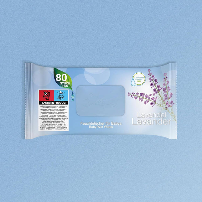 Verpackung der Sleepy Lavendel Feuchttücher mit 80 Stück auf blauem Hintergrund