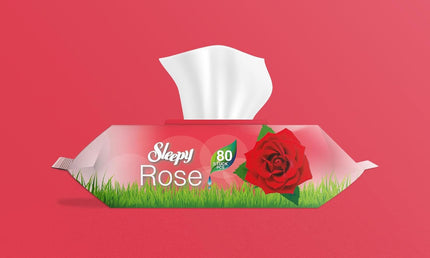 Geöffnete Packung Sleepy Rose Feuchttücher mit herausgezogenem Tuch