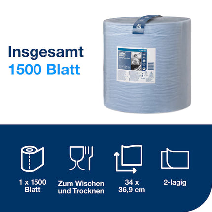 Technische Daten der Tork Starken Mehrzweck-Papierwischtücher W1 Premium – 1.500 Blatt, 510 m Rollenlänge