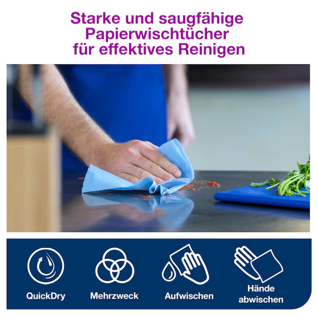 Produktvorteile der Tork Starken Mehrzweck-Papierwischtücher W1 Premium – saugstark, reißfest und vielseitig einsetzbar
