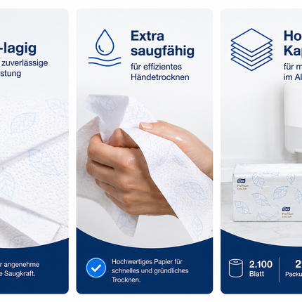 Produktvorteile der Tork Xpress Extraweich Multifold-Handtücher H2 Premium – extraweich, saugstark und hygienisch