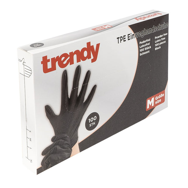 Schwarze TPE Einweghandschuhe von trendy in Größe M – puderfrei, latexfrei, 100 Stück pro Box. Ideal für Lebensmittel, Reinigung und Pflege.