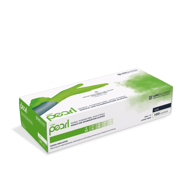 Unigloves Lime Pearl Nitrilhandschuhe – grüne Einweghandschuhe Box mit 100 Stück Inhalt