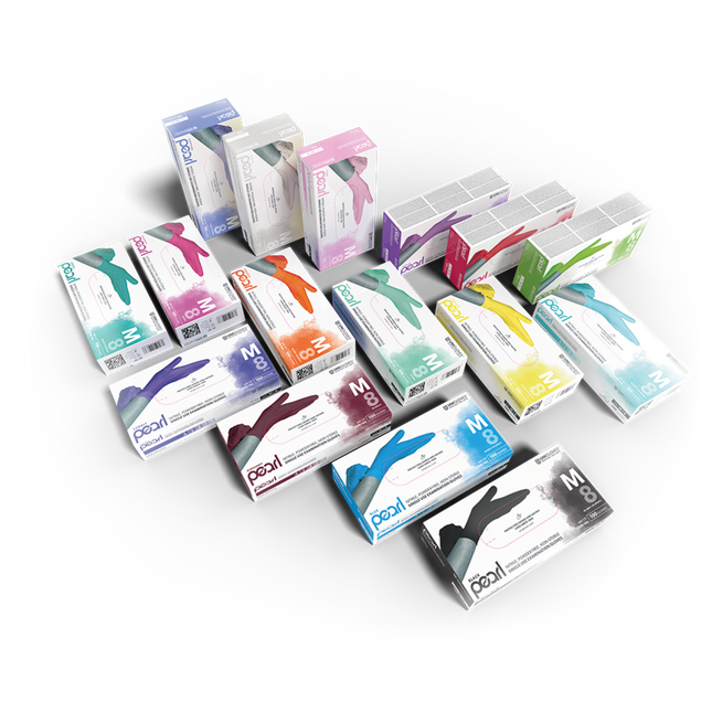 Unigloves Lime Pearl Nitrilhandschuhe – grüne Einweghandschuhe in Verpackung mit anderen Farben