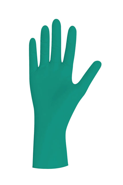 Grüner Unigloves Pearl Nitrilhandschuh für medizinische und hygienische Anwendungen – puderfrei, latexfrei, robust.
