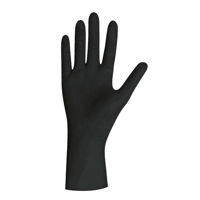 Ein schwarzer Unigloves Pearl Nitrilhandschuh für den Einmalgebrauch – reißfest, latexfrei, ideal für Tattoo & Kosmetik