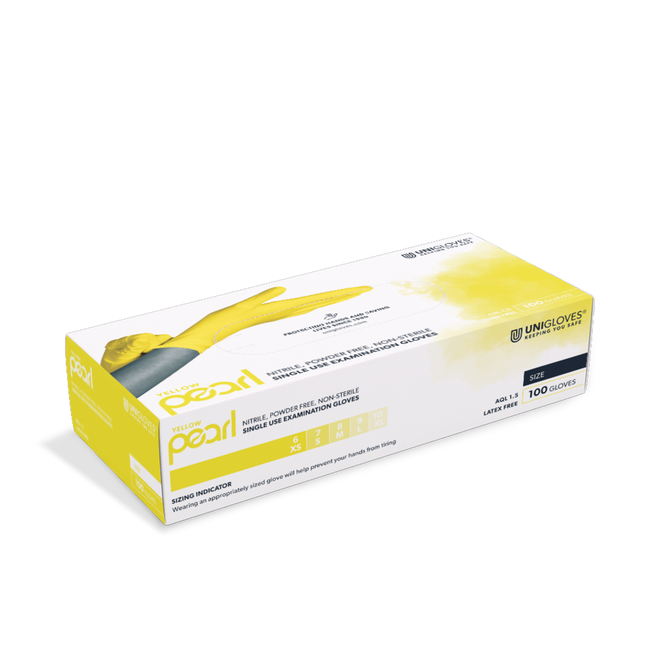 Unigloves Yellow Pearl Nitrilhandschuhe in Gelb – puderfreie, latexfreie Einweghandschuhe in Spenderbox für Hygiene, Reinigung und Lebensmittelindustrie