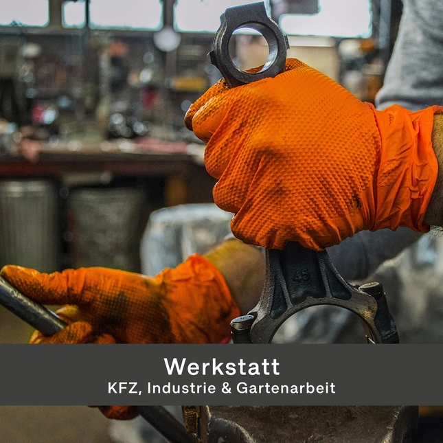 Orange Nitrilhandschuhe für Werkstatt, KFZ, Industrie und Gartenarbeit, hohe Belastbarkeit und Schutz. Werkstatthandschuhe