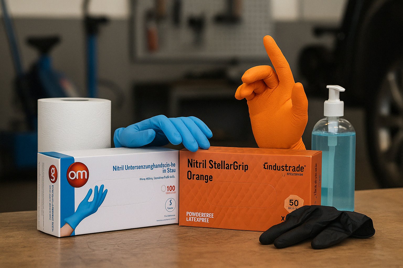 Werkstattszene mit Nitrilhandschuhen in Orange, Blau und Schwarz, Putztuchrolle und Desinfektionsmittel – perfekte Ausstattung für den KFZ-Bereich.
